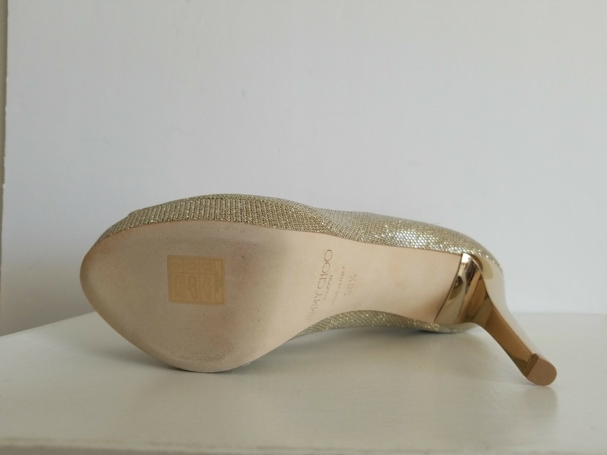 JIMMY CHOO DAHLIA CLASSIC GOLD GLITTER PLATFORM PUMPS 38.5 I LOVE