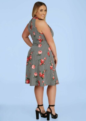 ashley stewart skater dress Plus Size Paneled Floral Satin Dress, Calypso Coral, 18/20