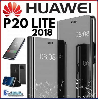 FLIP COVER FOR HUAWEI P20 LITE 2018 CLEAR VIEW 360° BOOK CASE BLACK