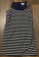 Michael Kors Sheath Dress Womens L Leather Buckle Straps Navy Striped Nautical