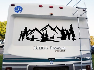 #ad Deer Mountain Forest Scene Camper RV Graphics Travel Trailer Die Cut Sticker $40.49