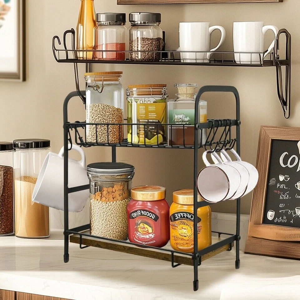 Sturdy Metal & Wood 2-Tier Coffee Bar Organizer Counters Storage Shelf 12 Hooks - image 4 of 4
