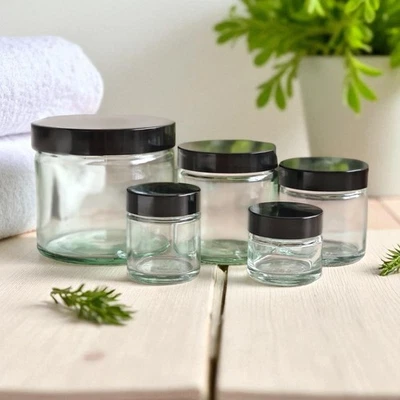 AVALON COSMETIC PACKAGING Clear Glass Jars Black Lid 15ml - 250ml Empty Pots for Candles Cosmetics Crafts