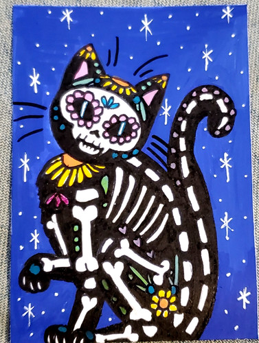 ACEO Original Art Card Little Skeleton Cat Cute Day of the Dead Painting OOAK