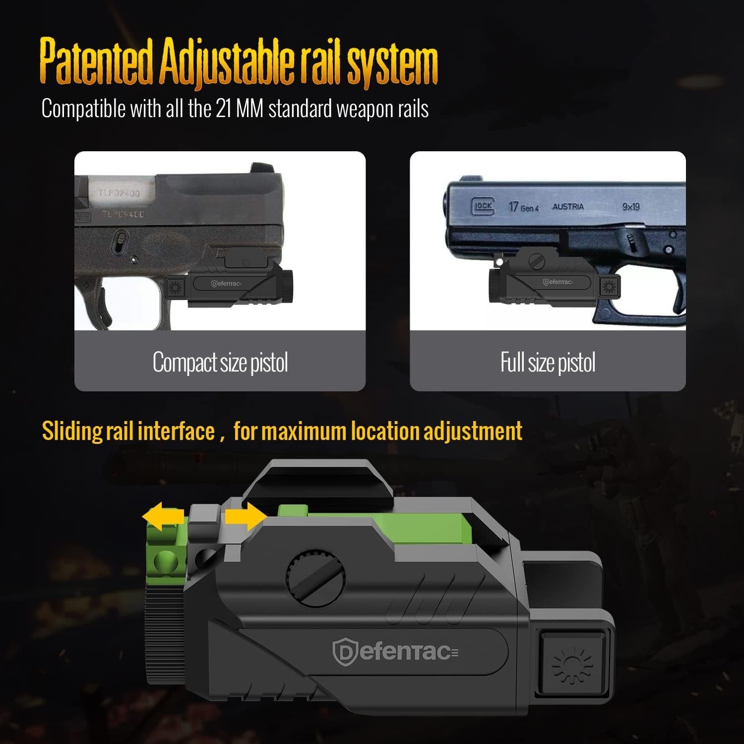 DEFENTAC Pistol Light Magnetic Rechargeable Flashlight with Strobe Function