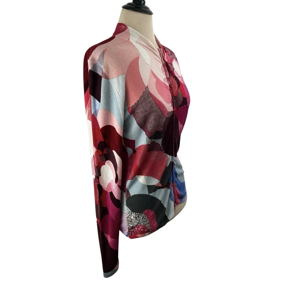 ALBERTO MAKALI Nuevo SUÉTER CÁRDIGAN FLORAL LENTEJUELAS ROSA S Caprichoso Arte para usar Foto 3 de 4