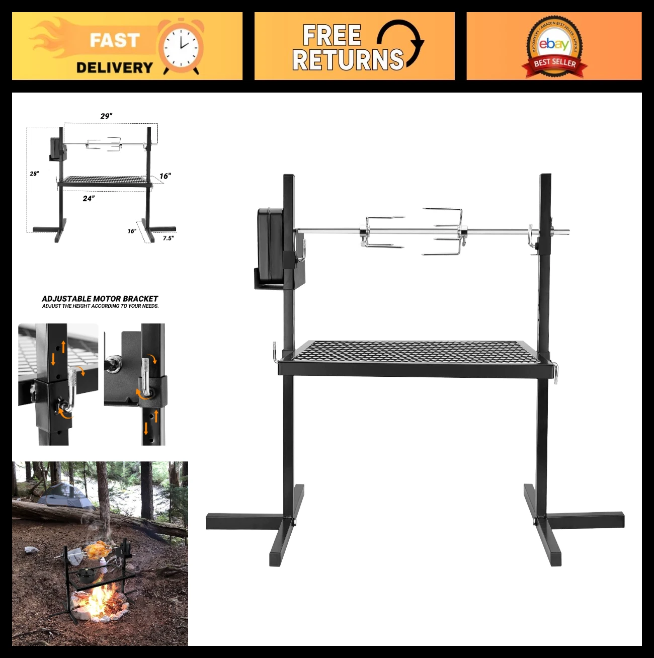 Adjustable Outdoor Camping Rotisserie Grill System with Portable DC Motor & 29"