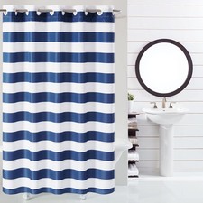 Cabana Stripe Shower Curtain 3-in-1 Set Flex-On Rings PEVA Liner Navy 71x74