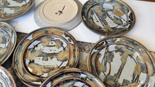 7 Available Vtg Drip Glazed 11" Dinner Plates Signed Stoneware MCM pottery brown
