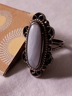 925 CII Sterling Silver Mexico Vintage Long Blue Lace Agate Knuckle Ring! Size 7