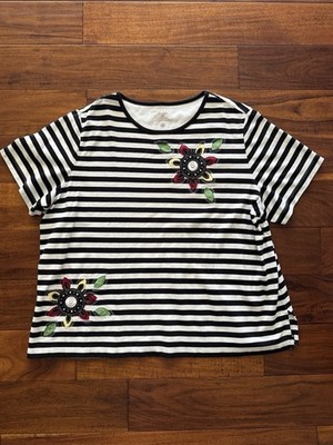 Alfred Dunner Woman 2X Black White Stripe Floral Applique Short Sleeve Top Shirt
