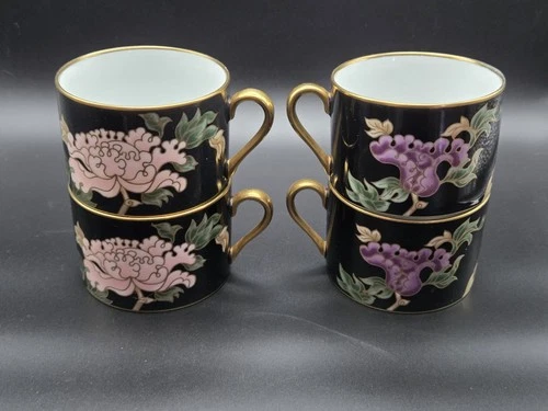 Fitz and Floyd Cloisonne Peony Tea Cups Black Pink Purple 4 Lot Vintage Japan