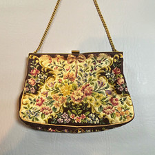 Vintage Austria Petit Point Needlepoint Floral Purse Gold Chain Strap Lined