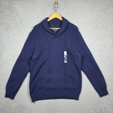 Club Room Sweater Mens Size Large Navy Chunky Cable Knit Shawl Neck Ribbed NWT