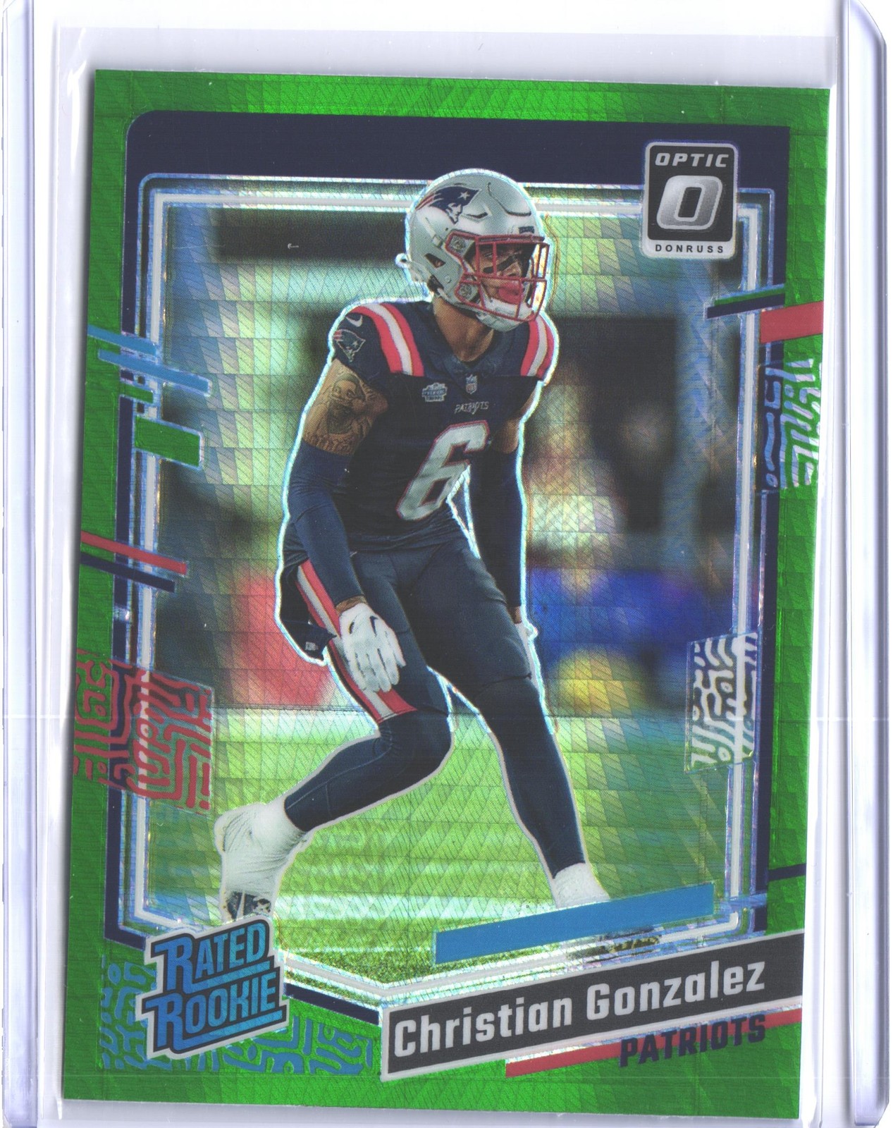 2023 Donruss Optic #274 Christian Gonzalez Green Hyper Rookie Patriots
