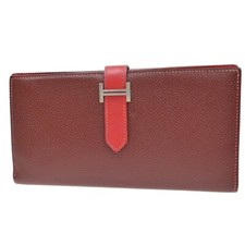 HERMES Logo Bearn Bicolor Long Bifold Wallet Leather Red Burgundy SHW 96RF294