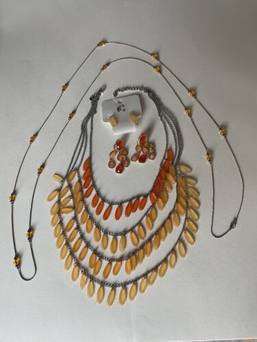 Orange/Golden Necklaces(2), Clip and Pierced Earrings, 6 pieces total