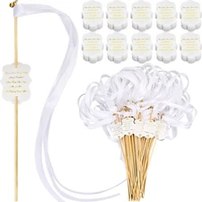 Janinka 100 Sets Ribbon Wedding Wands with Bells Ribbon Sticks Wedding Tags W...