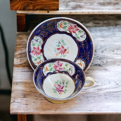 Antique Gaudy Welsh Swansea Tea Cup & Saucer Cobalt Blue Rust Green Pink #292