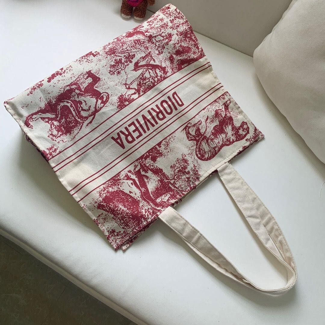Christian Dior Book Tote Toile de Jouy White Red 37x41x13cm Handle