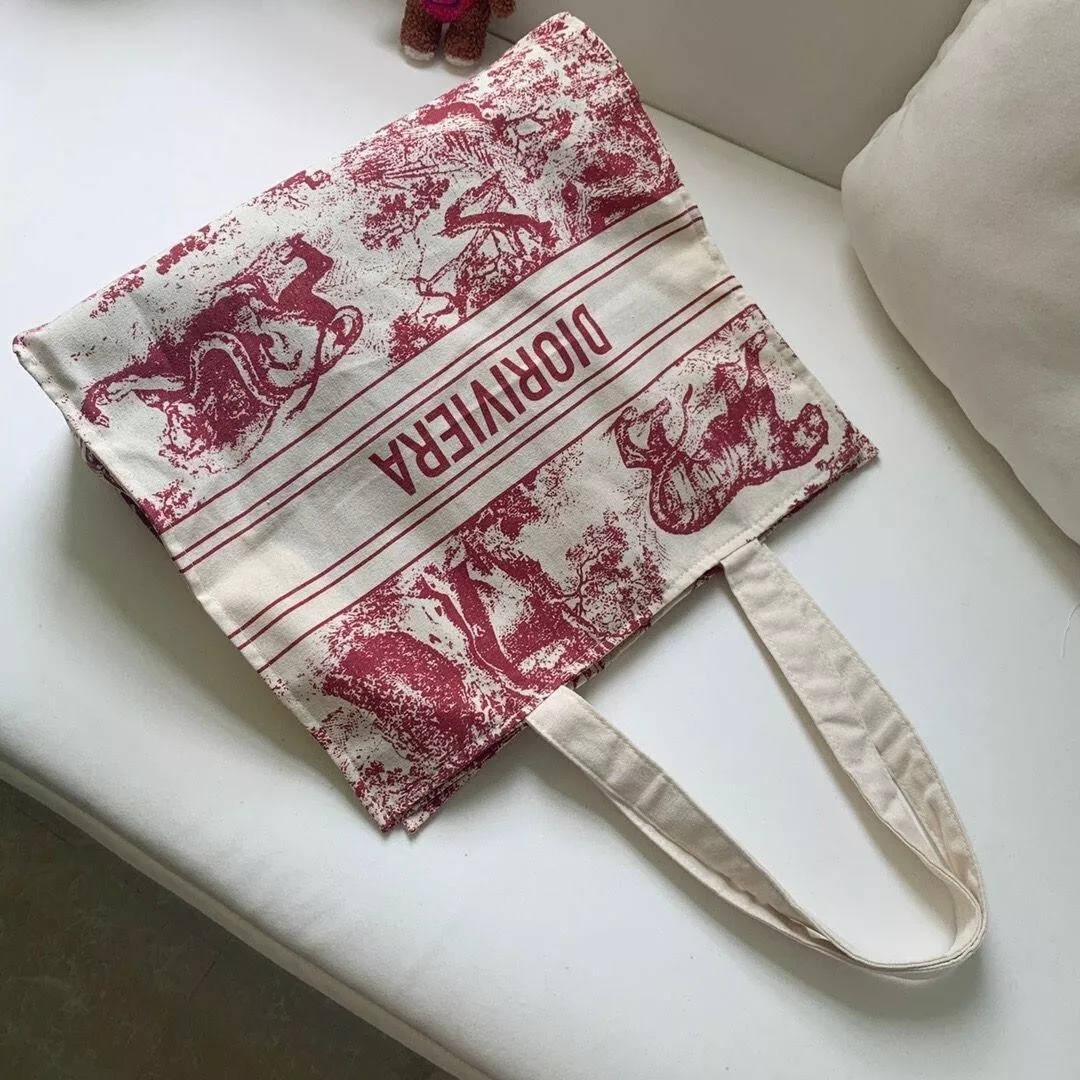 Christian Dior Livre Fourre tout Toile de Jouy Blanc Rouge 37x41x13cm Poignée 55cm Cadeau VIP