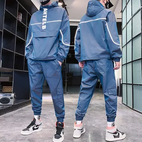 Reflective Tracksuit Hooded Sweat 2PCS Set Men Streetwear Jogger Suits Plus  Size