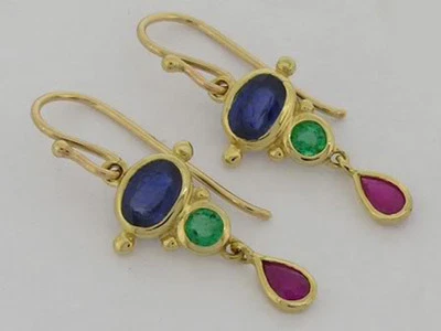 E080- Genuine 9K Yellow Gold Natural Sapphire Ruby Emerald Drop Earrings - Image 1 of 3