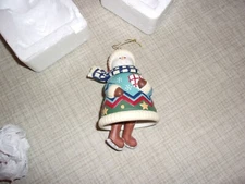 Christmas Ornament Porcelain Kirkland Snowman Women Bell Dangling Legs Move Head