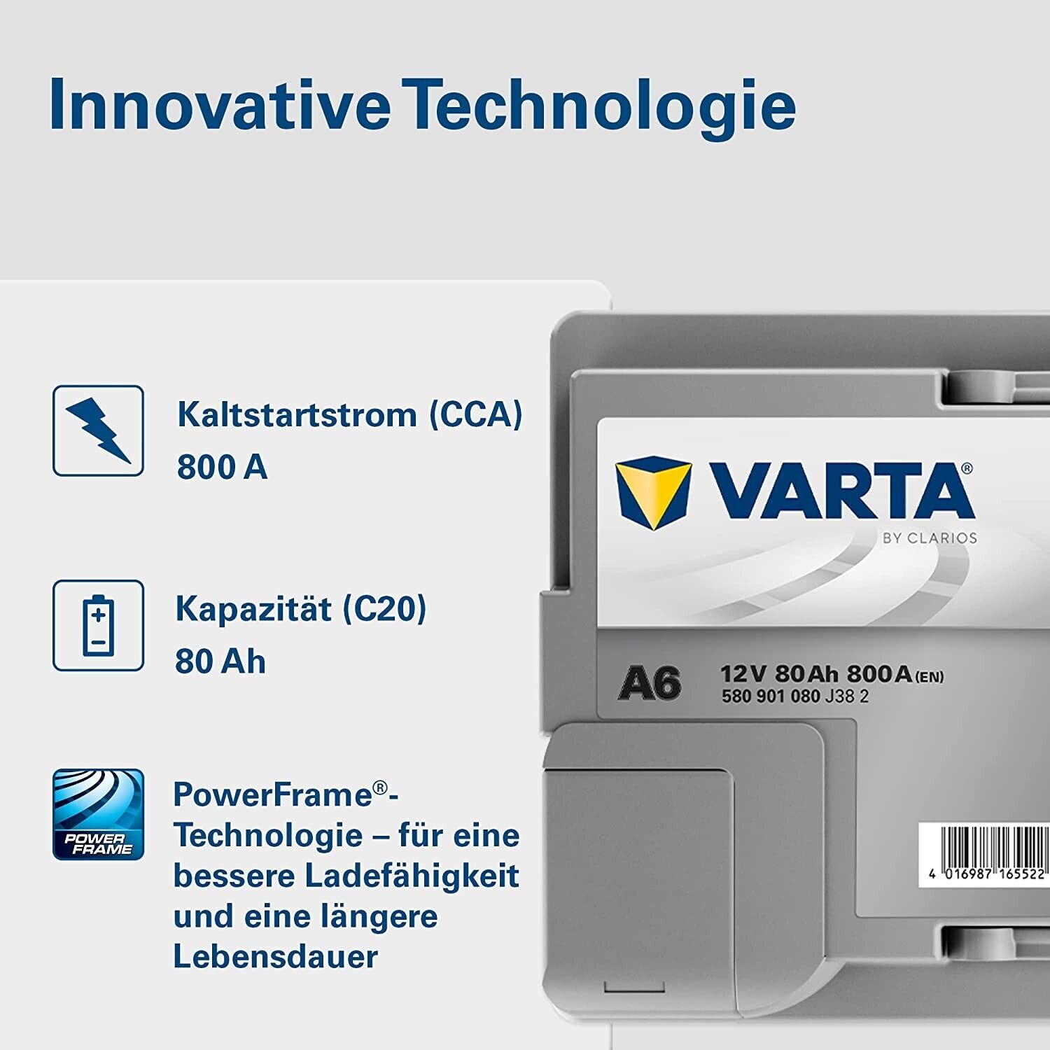 AUTOBATTERIE VARTA A6 (Ex F21 AGM 80AH 800A 12V START STOP