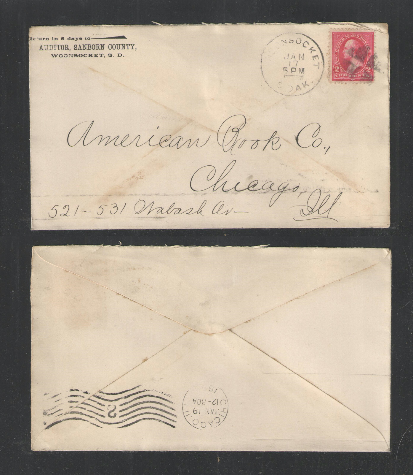 1890s AUDITOR SANBORN COUNTY WOONSOCKET SD ADVERTISING COVER US SC 220