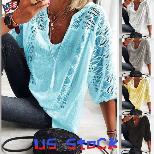 Plus Size Women Cotton Linen Tunic Tops 3/4 Sleeve V Neck Casual Blouse T Shirt