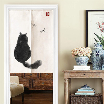 Ofat Home Door Curtain Japanese Lucky Ink Cat Black and White Noren 33.5''x 59''