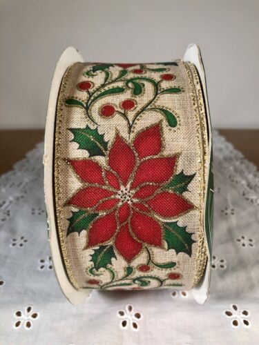 Christmas Poinsettia Sparkly Wire Edged Ribbon 50 Yards By Kirkland Signature - Picture 2 of 5