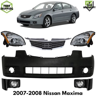 Front Bumper Cover Primed Plastic & Headlights Kit For 2007-2008 Nissan Maxima