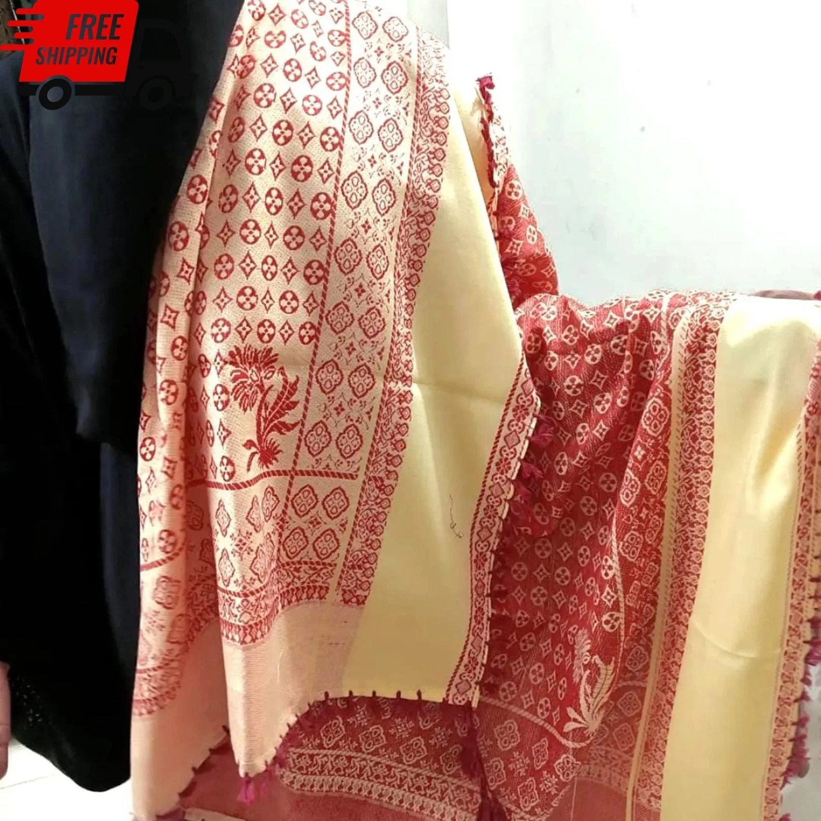Traditional Palestinian Keffiyeh Scarf Arab Shemagh Tassel Red Cream Wrap