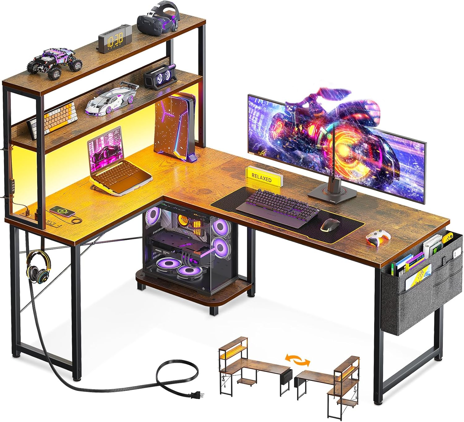 53 Inch L Shaped Desk with LED Lighting, Reversible Gaming Desk with Power Outle