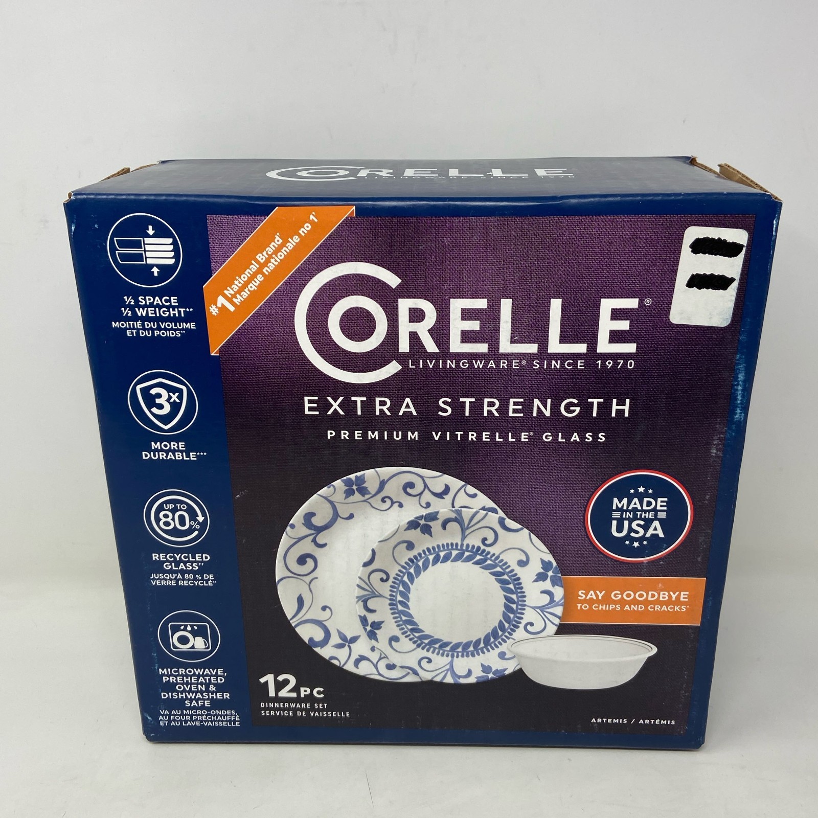 Corelle Artemis 12-Pc Vitrelle Glass Dinnerware Set White/Blue 4-Place
