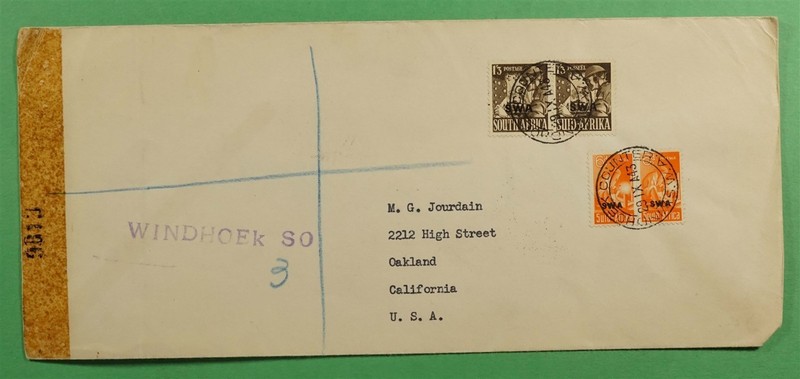 DR WHO 1943 SOUTH WEST AFRICA SWA OVPT REGISTERED TO USA WWII CENSOR R78531