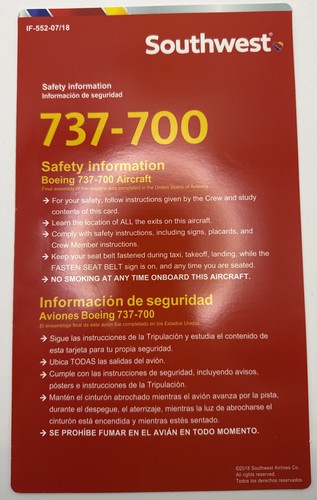 Southwest Airlines 737-700 Safety Card
