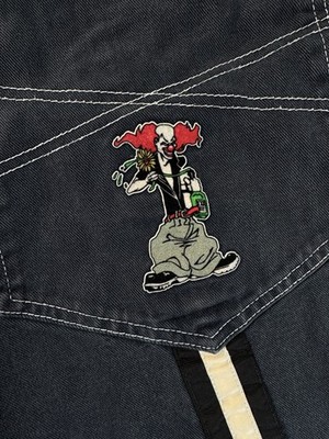 Vintage Kikwear Industries 91 Clown Patch Denim Jean Shorts Skater Rave Size 34