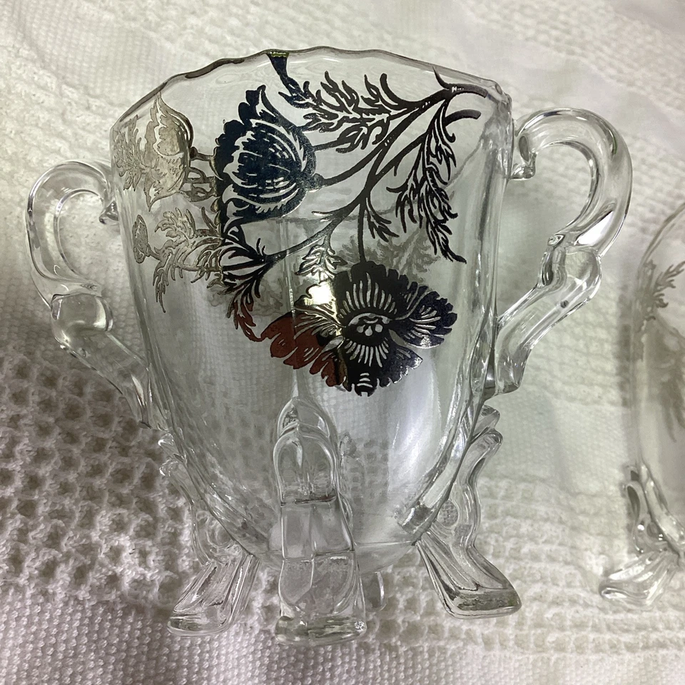 Juego de Azúcar y Crema Cristal con Patrón Floral Plateado Patas Foto 2 de 4