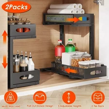2PC Under Sink Organizers Storage Height-Adjustable Slide Out Kitchen Cabinet