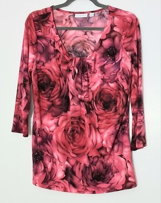 Susan Graver Blouse Women's Size Medium Red Floral Roses Scoop Neck Pre-owned 