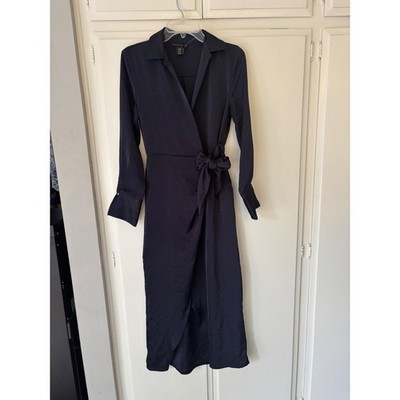 house of harlow navy satin dress House of Harlow 1960 Navy Blue Satin Wrap Midi Dress Long Sleeve Collared  XS