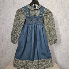 Vintage 1970's Polly Flinders Hand Smocked Dress Size 8 Blue Embroidered Floral