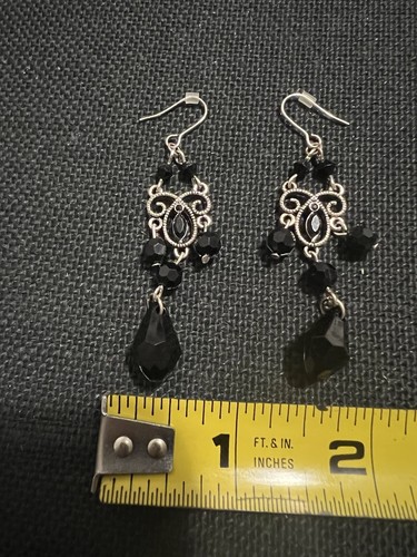 Orecchini pendenti gancio goccia 3 pollici perline sfaccettate smalto nero tono argento - Foto 4 di 5