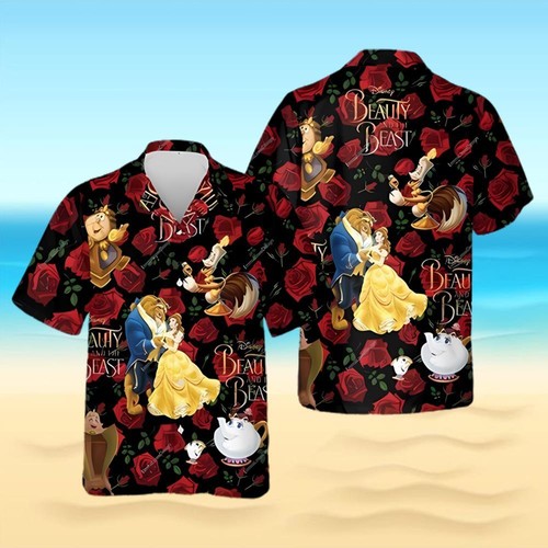 Beauty And The Beast Couple Red Roses Disney Valentine Hawaiian Shirt, Disney Couples Aloha Shirt, Valentine Gift
