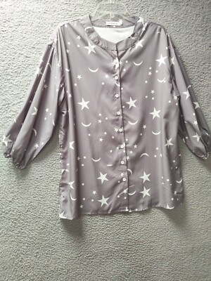 Mislook Womens Shirt 2XL Gray Moon Stars Button Down 3/4 Sleeve Blouse Top 