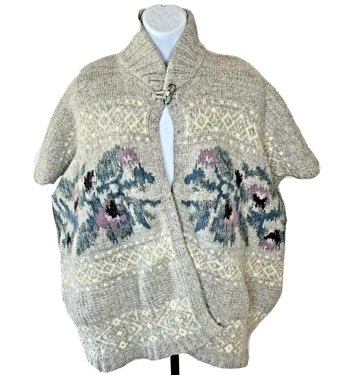 Womens Stile Benetton Sweater Cape Poncho One Size Wool Mohair Blend Gray  Floral | eBay