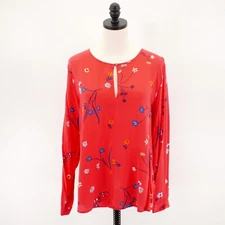 Gap Large Floral Pink Orange Key Hole Blouse Top Long Sleeve